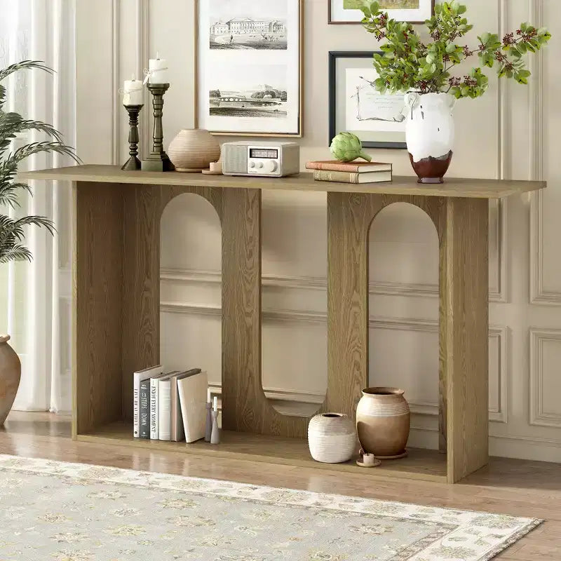 Console moderne avec étagère inférieure, table d'entrée avec design courbé et placage en frêne, tables de foyer pour entrée, salon