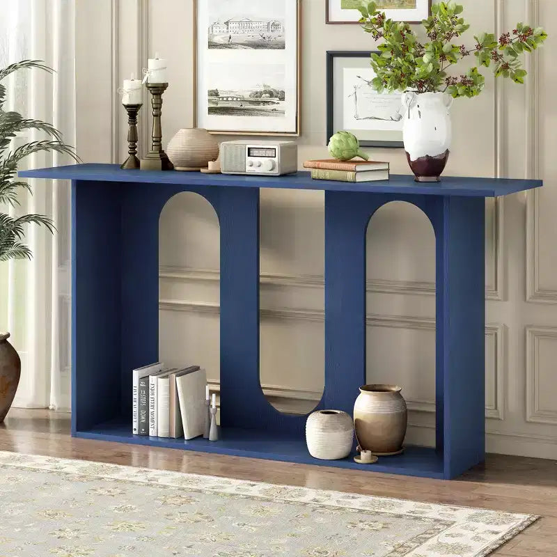 Console moderne avec étagère inférieure, table d'entrée avec design courbé et placage en frêne, tables de foyer pour entrée, salon