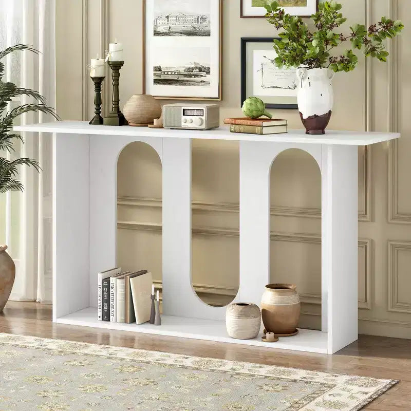 Console moderne avec étagère inférieure, table d'entrée avec design courbé et placage en frêne, tables de foyer pour entrée, salon