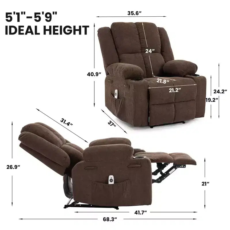 Fauteuil inclinable manuel avec massage par vibration et chauffage lombaire pour adultes, canapé simple avec poche latérale, fauteuil à bascule avec porte-gobelet, pour chambre à coucher