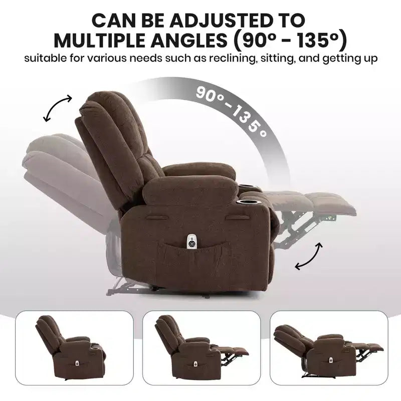 Fauteuil inclinable manuel avec massage par vibration et chauffage lombaire pour adultes, canapé simple avec poche latérale, fauteuil à bascule avec porte-gobelet, pour chambre à coucher
