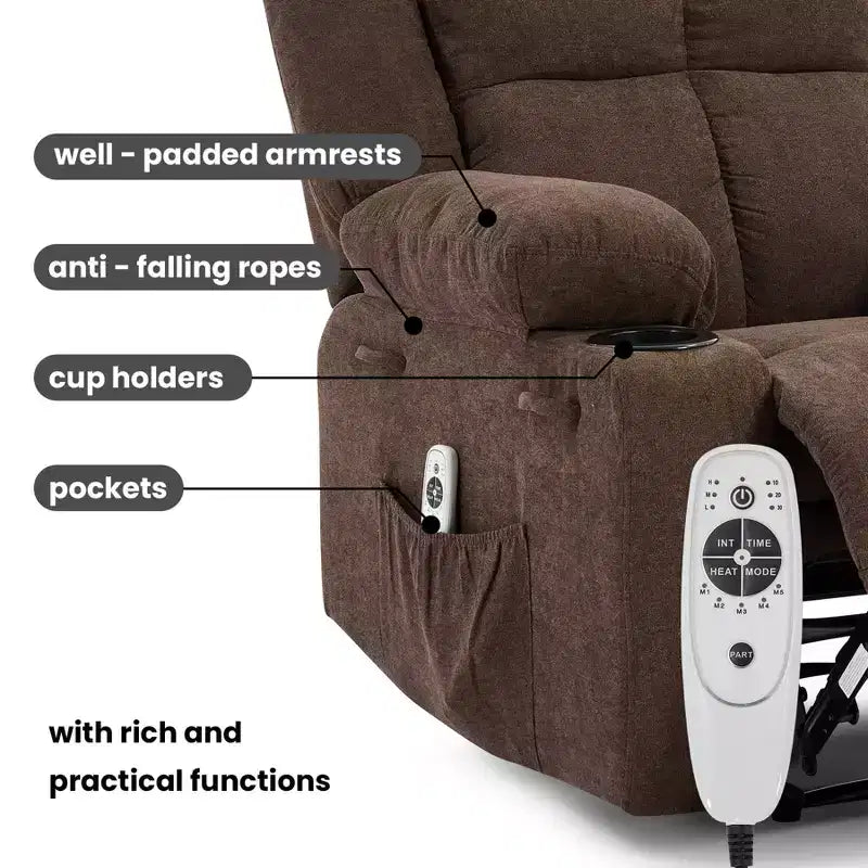 Fauteuil inclinable manuel avec massage par vibration et chauffage lombaire pour adultes, canapé simple avec poche latérale, fauteuil à bascule avec porte-gobelet, pour chambre à coucher