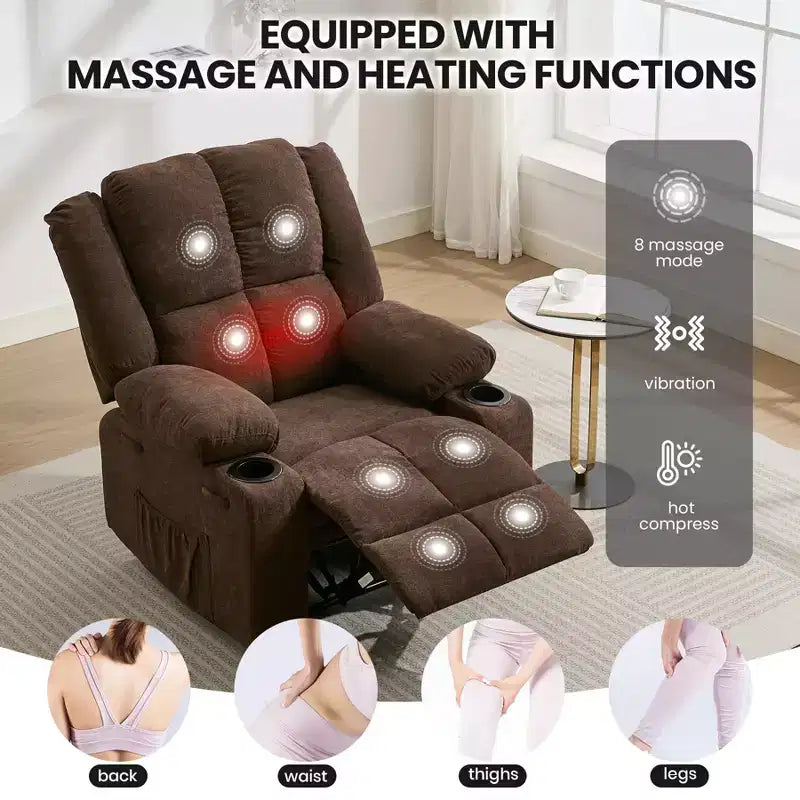 Fauteuil inclinable manuel avec massage par vibration et chauffage lombaire pour adultes, canapé simple avec poche latérale, fauteuil à bascule avec porte-gobelet, pour chambre à coucher