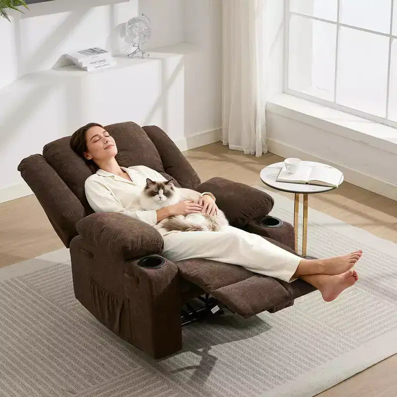 Fauteuil inclinable manuel avec massage par vibration et chauffage lombaire pour adultes, canapé simple avec poche latérale, fauteuil à bascule avec porte-gobelet, pour chambre à coucher