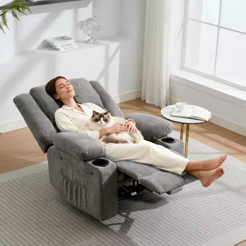 Fauteuil inclinable manuel avec massage par vibration et chauffage lombaire pour adultes, canapé simple avec poche latérale, fauteuil à bascule avec porte-gobelet, pour chambre à coucher