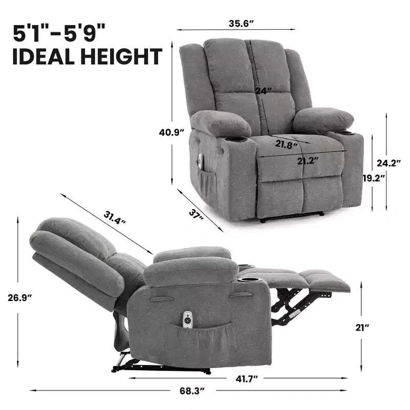 Fauteuil inclinable manuel avec massage par vibration et chauffage lombaire pour adultes, canapé simple avec poche latérale, fauteuil à bascule avec porte-gobelet, pour chambre à coucher