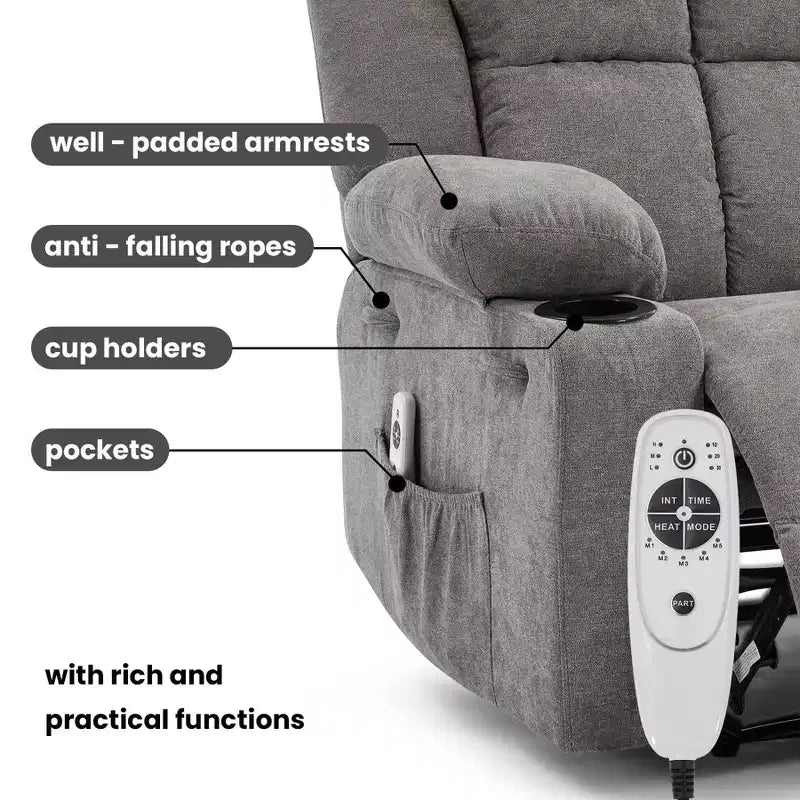 Fauteuil inclinable manuel avec massage par vibration et chauffage lombaire pour adultes, canapé simple avec poche latérale, fauteuil à bascule avec porte-gobelet, pour chambre à coucher