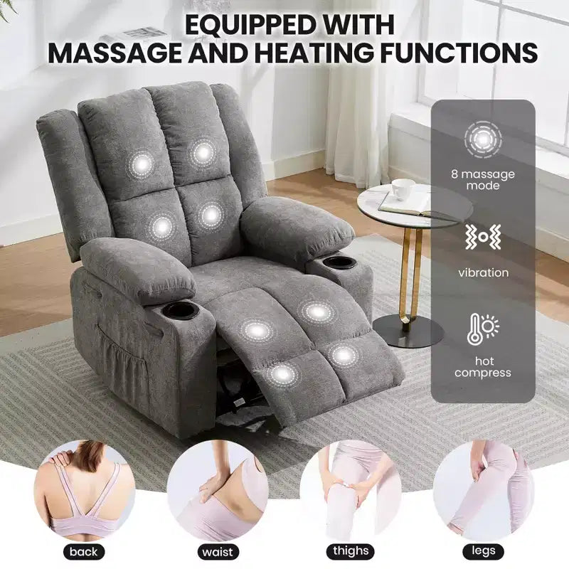 Fauteuil inclinable manuel avec massage par vibration et chauffage lombaire pour adultes, canapé simple avec poche latérale, fauteuil à bascule avec porte-gobelet, pour chambre à coucher