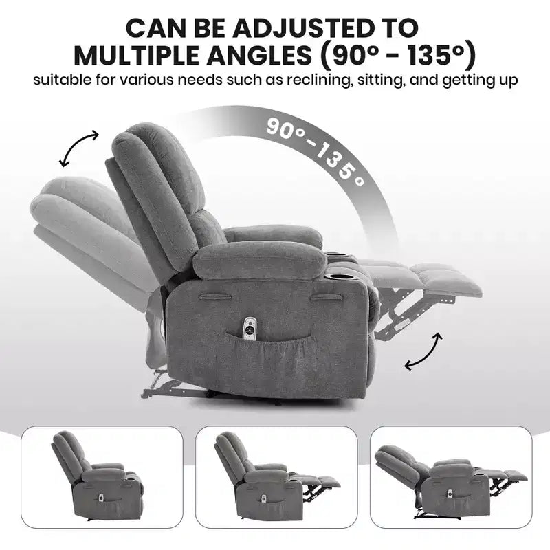 Fauteuil inclinable manuel avec massage par vibration et chauffage lombaire pour adultes, canapé simple avec poche latérale, fauteuil à bascule avec porte-gobelet, pour chambre à coucher