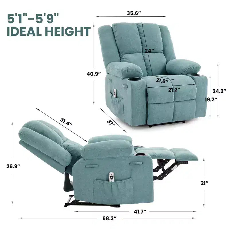 Fauteuil inclinable manuel avec massage par vibration et chauffage lombaire pour adultes, canapé simple avec poche latérale, fauteuil à bascule avec porte-gobelet, pour chambre à coucher