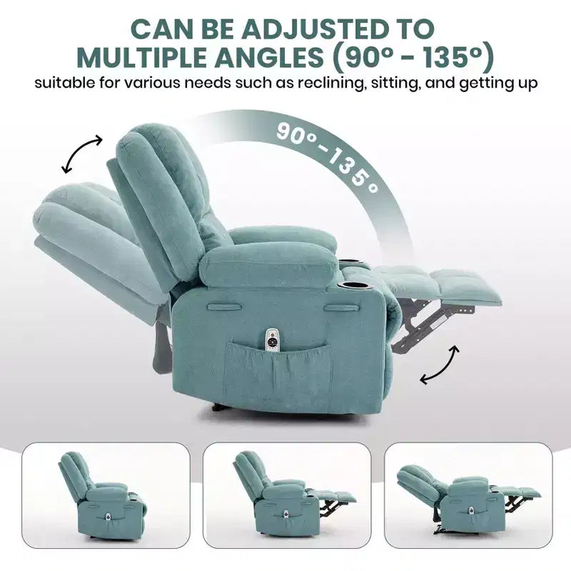 Fauteuil inclinable manuel avec massage par vibration et chauffage lombaire pour adultes, canapé simple avec poche latérale, fauteuil à bascule avec porte-gobelet, pour chambre à coucher