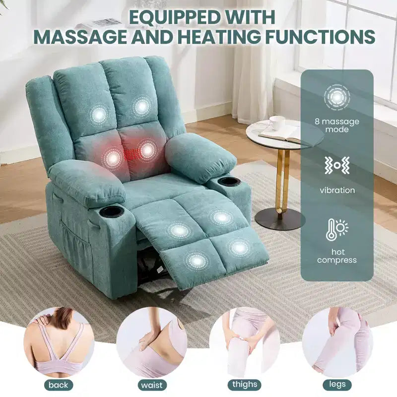 Fauteuil inclinable manuel avec massage par vibration et chauffage lombaire pour adultes, canapé simple avec poche latérale, fauteuil à bascule avec porte-gobelet, pour chambre à coucher
