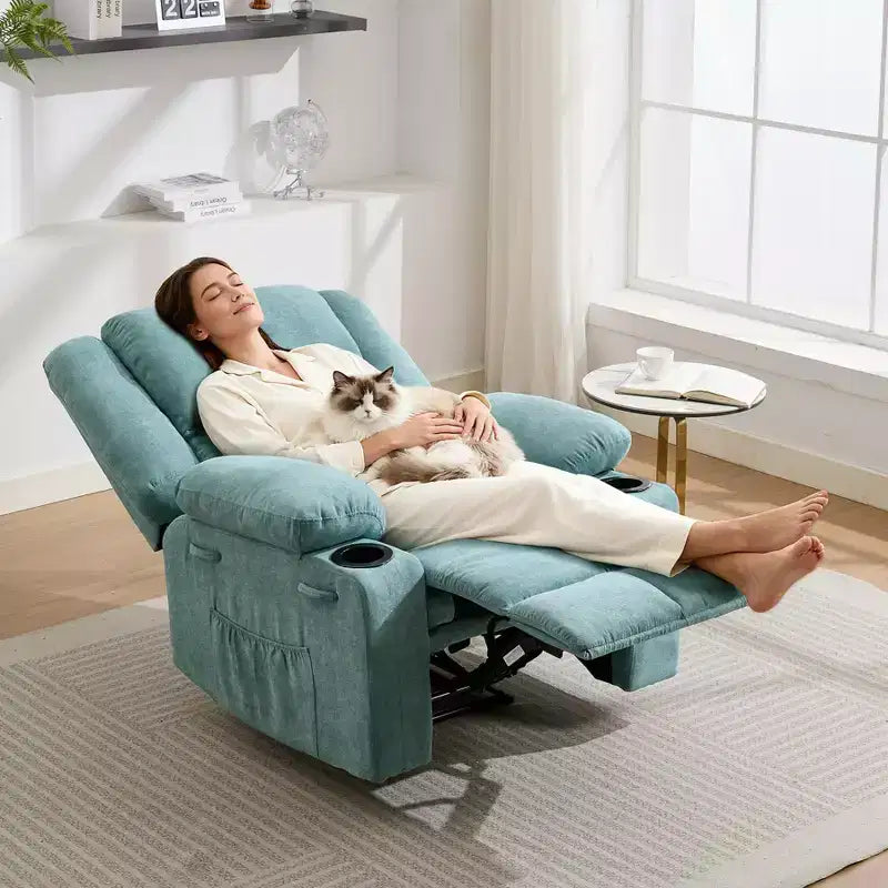 Fauteuil inclinable manuel avec massage par vibration et chauffage lombaire pour adultes, canapé simple avec poche latérale, fauteuil à bascule avec porte-gobelet, pour chambre à coucher