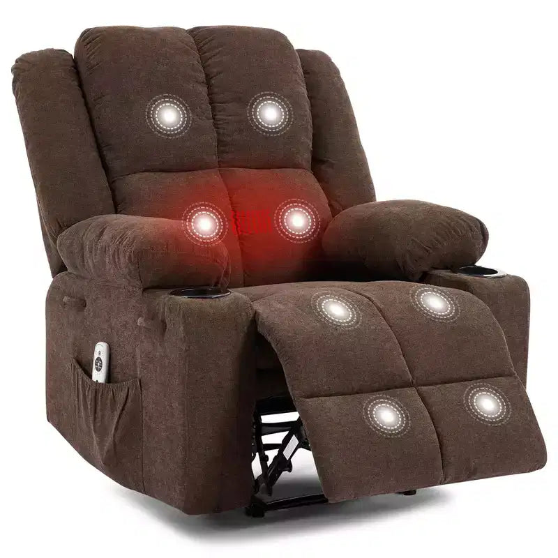 Fauteuil inclinable manuel avec massage par vibration et chauffage lombaire pour adultes, canapé simple avec poche latérale, fauteuil à bascule avec porte-gobelet, pour chambre à coucher