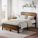 Queen Bed Metal Frame with Wooden Vintage Headboard and Tailboard, Platform Frame with Safety Rounded Corners and Slat Support, No Box Spring Needed