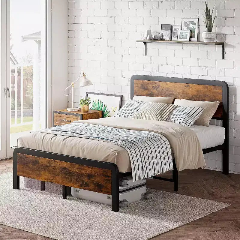 Queen Bed Metal Frame with Wooden Vintage Headboard and Tailboard, Platform Frame with Safety Rounded Corners and Slat Support, No Box Spring Needed
