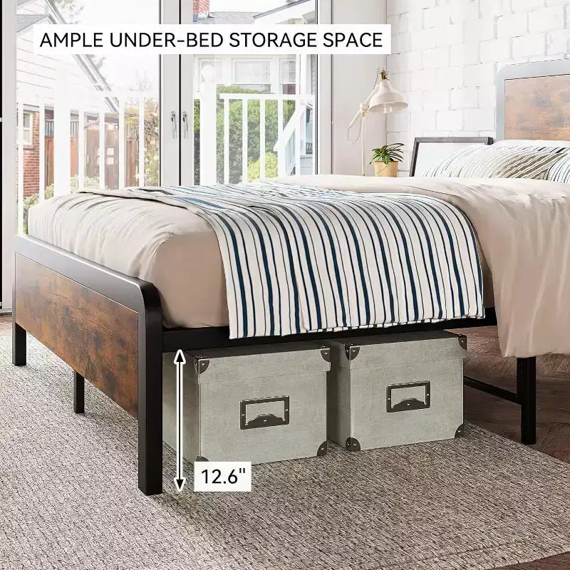 Lit double avec cadre en métal et tête et pied de lit en bois vintage, cadre de lit plateforme avec coins arrondis sécurisés et support à lattes, aucun sommier tapissier requis