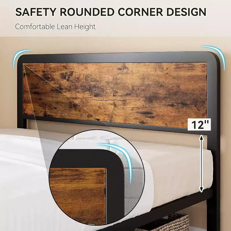 Lit double avec cadre en métal et tête et pied de lit en bois vintage, cadre de lit plateforme avec coins arrondis sécurisés et support à lattes, aucun sommier tapissier requis