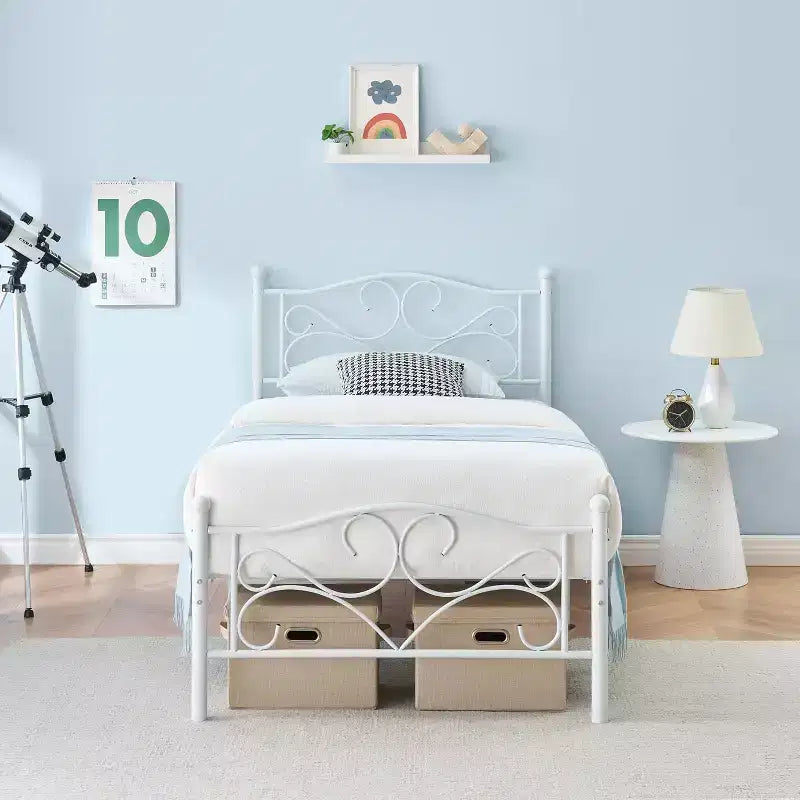 Single bed frame with headboard, sturdy mattress base with steel slats, ideal for apartment bedrooms.