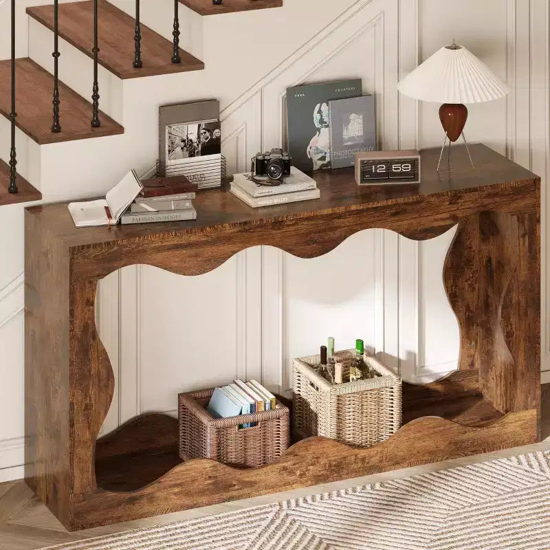 Console de style campagnard en bois à grain minimaliste, table de bar, table d'appoint, table de foyer vintage pour le salon, le couloir, l'entrée