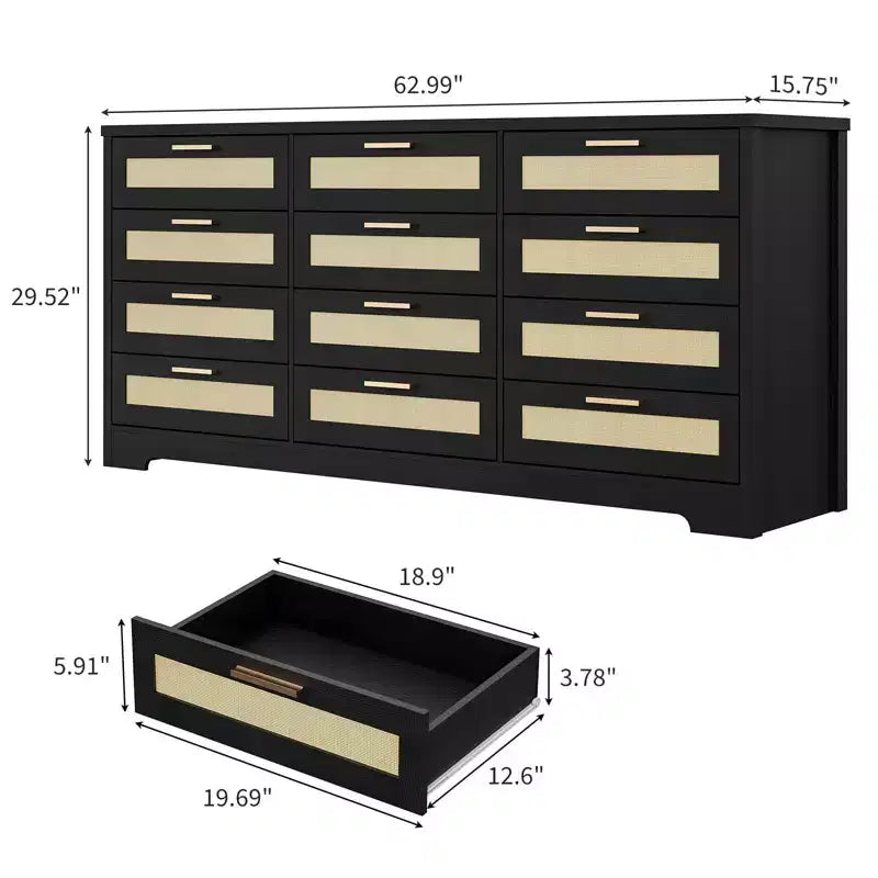 Commode à 12 tiroirs, commode en rotin, organisateur de rangement pour vêtements de placard, commodes à tiroirs pour chambre à coucher, salon