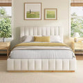 Queen/King Size Platform Bed Frame with Upholstered Headboard & Minimalist Striped Fabric, Beige - ModernLuxe