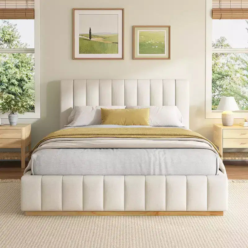Queen/King Size Platform Bed Frame with Upholstered Headboard & Minimalist Striped Fabric, Beige - ModernLuxe