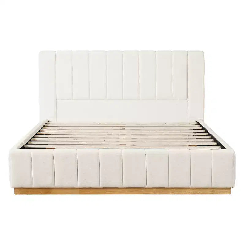 Cadre de lit plateforme Queen/King avec tête de lit rembourrée et tissu rayé minimaliste, Beige