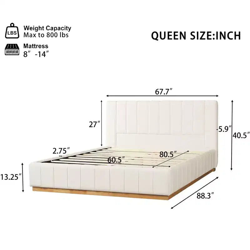 Cadre de lit plateforme Queen/King avec tête de lit rembourrée et tissu rayé minimaliste, Beige