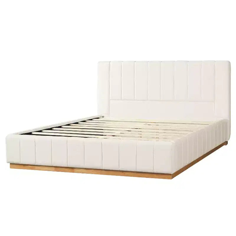 Cadre de lit plateforme Queen/King avec tête de lit rembourrée et tissu rayé minimaliste, Beige