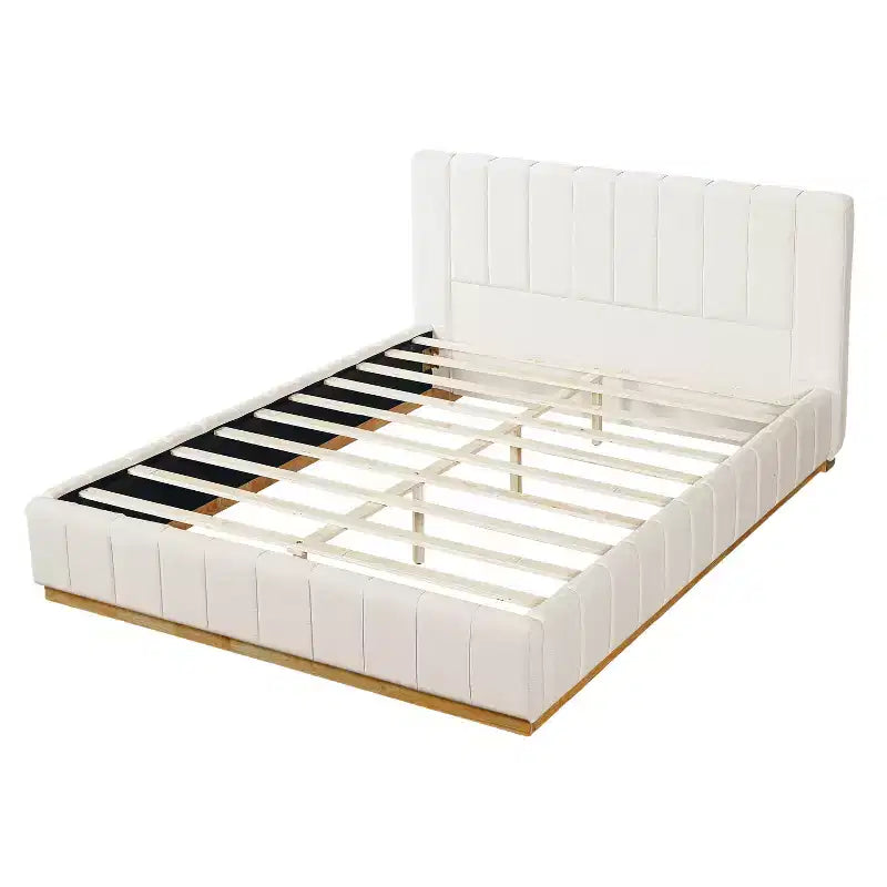 Cadre de lit plateforme Queen/King avec tête de lit rembourrée et tissu rayé minimaliste, Beige