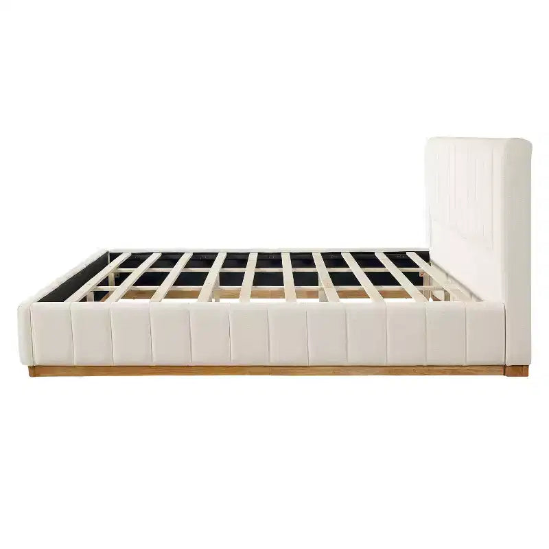 Cadre de lit plateforme Queen/King avec tête de lit rembourrée et tissu rayé minimaliste, Beige