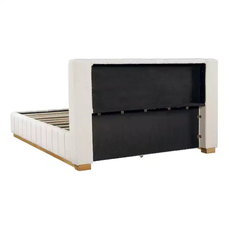 Cadre de lit plateforme Queen/King avec tête de lit rembourrée et tissu rayé minimaliste, Beige