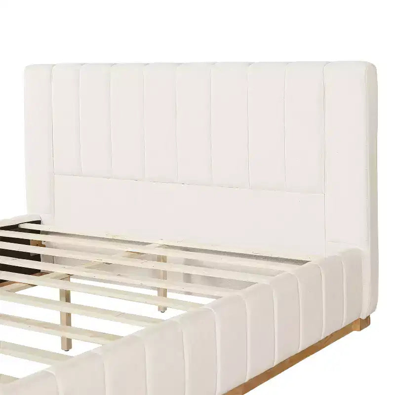 Cadre de lit plateforme Queen/King avec tête de lit rembourrée et tissu rayé minimaliste, Beige