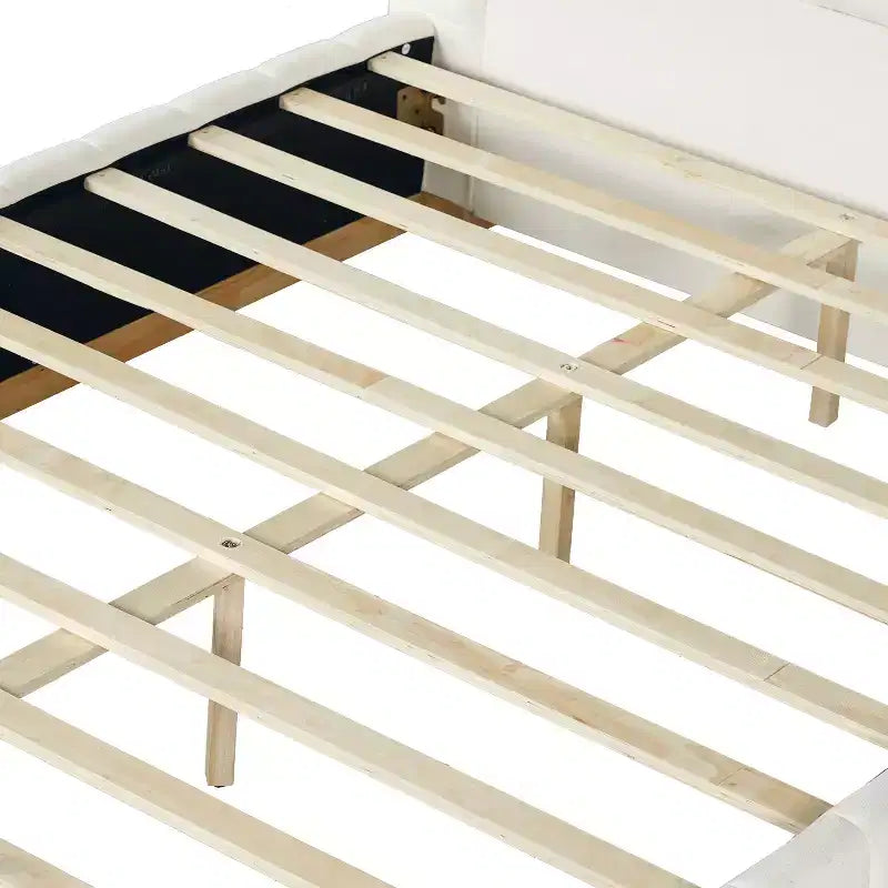 Cadre de lit plateforme Queen/King avec tête de lit rembourrée et tissu rayé minimaliste, Beige