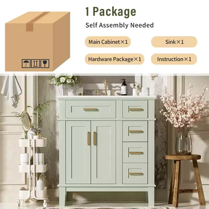 Meuble-lavabo de salle de bain de 76 cm avec évier, meuble de rangement de salle de bain avec portes et tiroirs à fermeture douce pour petit espace