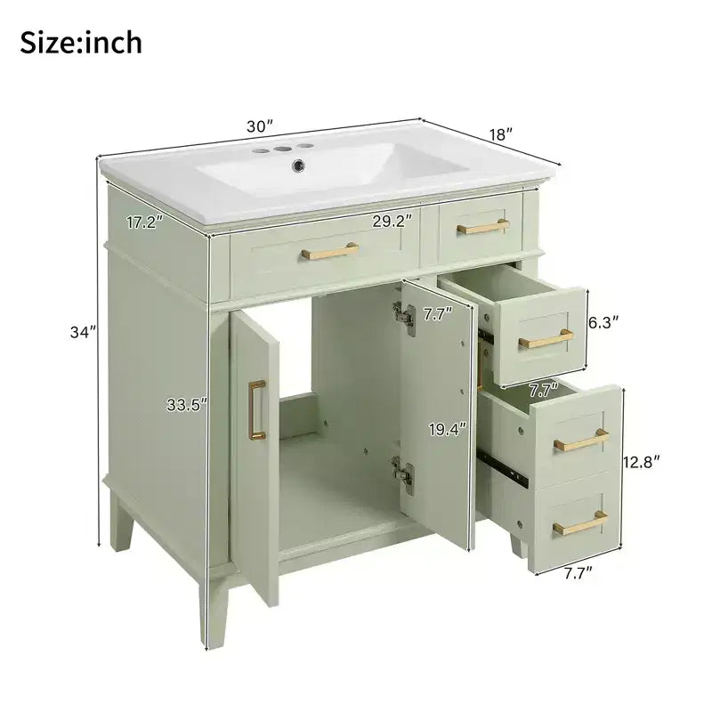 Meuble-lavabo de salle de bain de 76 cm avec évier, meuble de rangement de salle de bain avec portes et tiroirs à fermeture douce pour petit espace