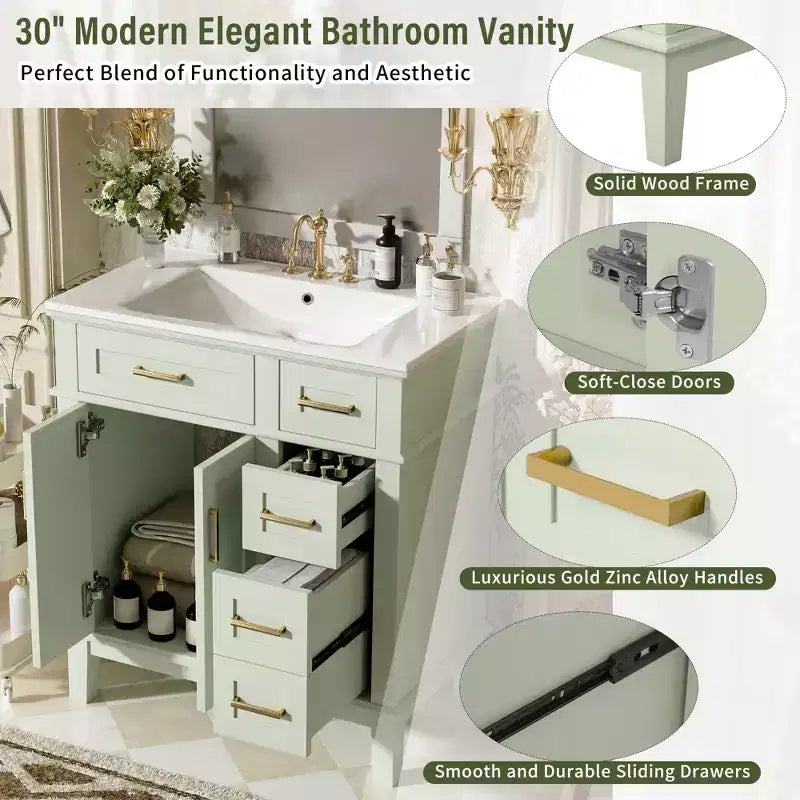 Meuble-lavabo de salle de bain de 76 cm avec évier, meuble de rangement de salle de bain avec portes et tiroirs à fermeture douce pour petit espace