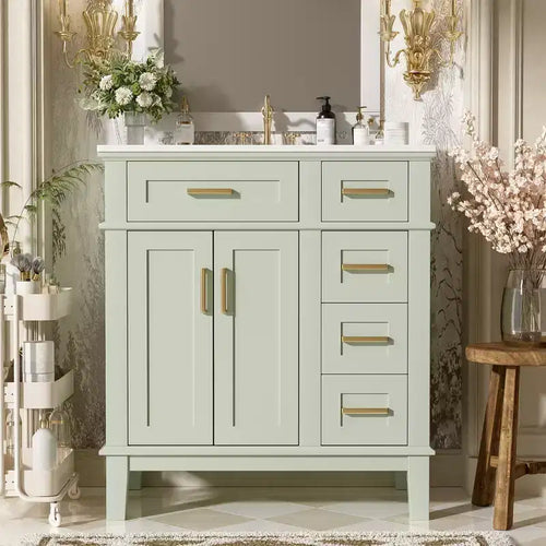Meuble-lavabo de salle de bain de 76 cm avec évier, meuble de rangement de salle de bain avec portes et tiroirs à fermeture douce pour petit espace