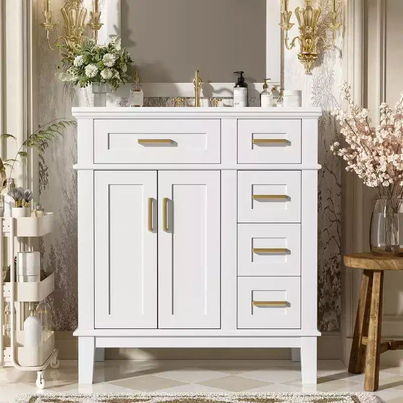 Meuble-lavabo de salle de bain de 76 cm avec évier, meuble de rangement de salle de bain avec portes et tiroirs à fermeture douce pour petit espace