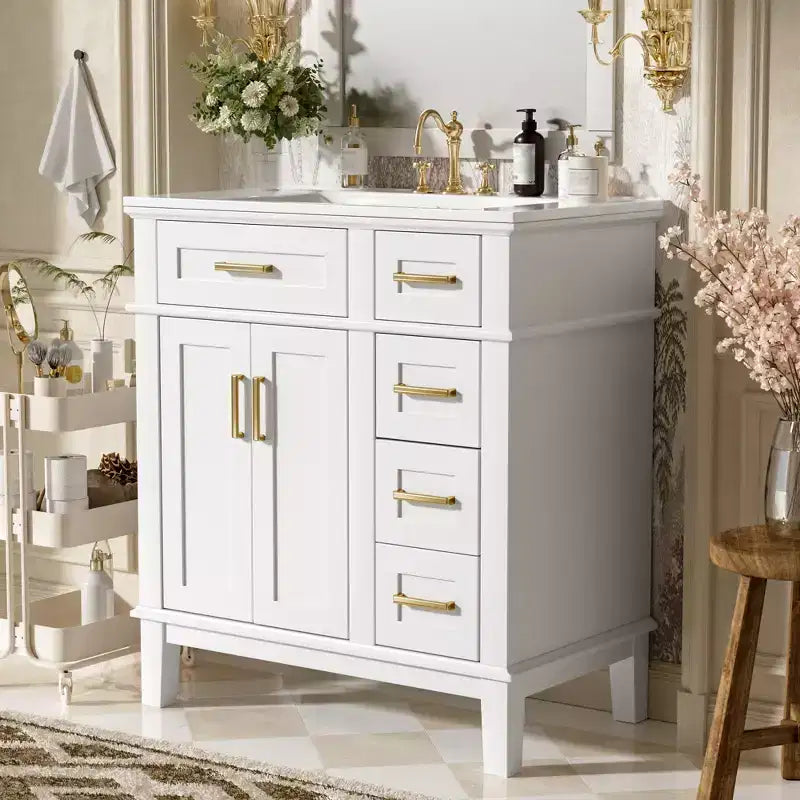 Meuble-lavabo de salle de bain de 76 cm avec évier, meuble de rangement de salle de bain avec portes et tiroirs à fermeture douce pour petit espace
