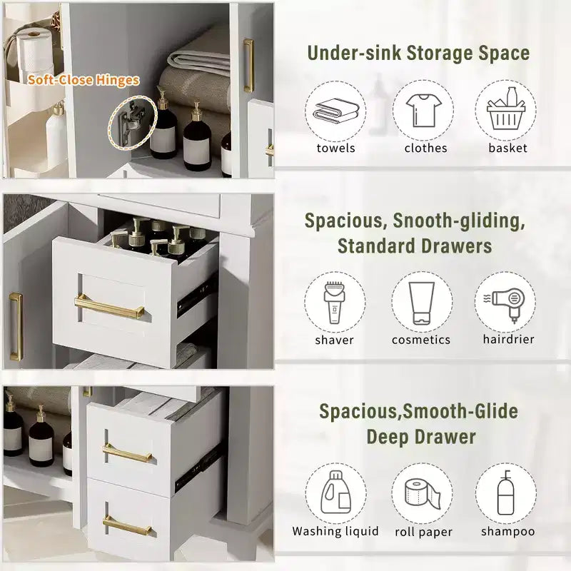 Meuble-lavabo de salle de bain de 76 cm avec évier, meuble de rangement de salle de bain avec portes et tiroirs à fermeture douce pour petit espace
