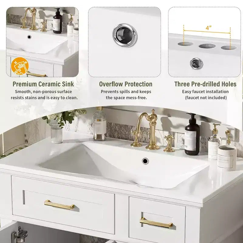 Meuble-lavabo de salle de bain de 76 cm avec évier, meuble de rangement de salle de bain avec portes et tiroirs à fermeture douce pour petit espace
