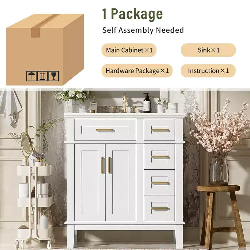 Meuble-lavabo de salle de bain de 76 cm avec évier, meuble de rangement de salle de bain avec portes et tiroirs à fermeture douce pour petit espace