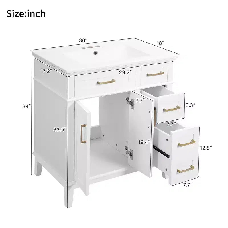 Meuble-lavabo de salle de bain de 76 cm avec évier, meuble de rangement de salle de bain avec portes et tiroirs à fermeture douce pour petit espace