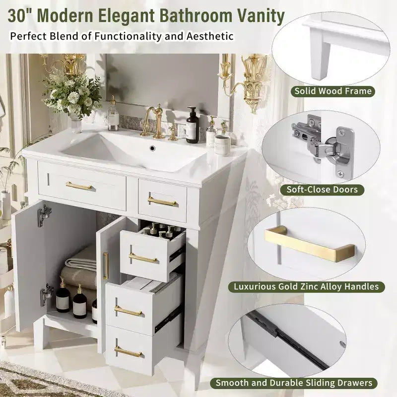 Meuble-lavabo de salle de bain de 76 cm avec évier, meuble de rangement de salle de bain avec portes et tiroirs à fermeture douce pour petit espace