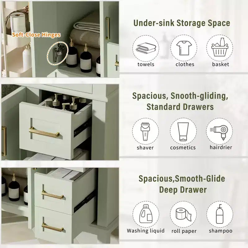 Meuble-lavabo de salle de bain de 76 cm avec évier, meuble de rangement de salle de bain avec portes et tiroirs à fermeture douce pour petit espace