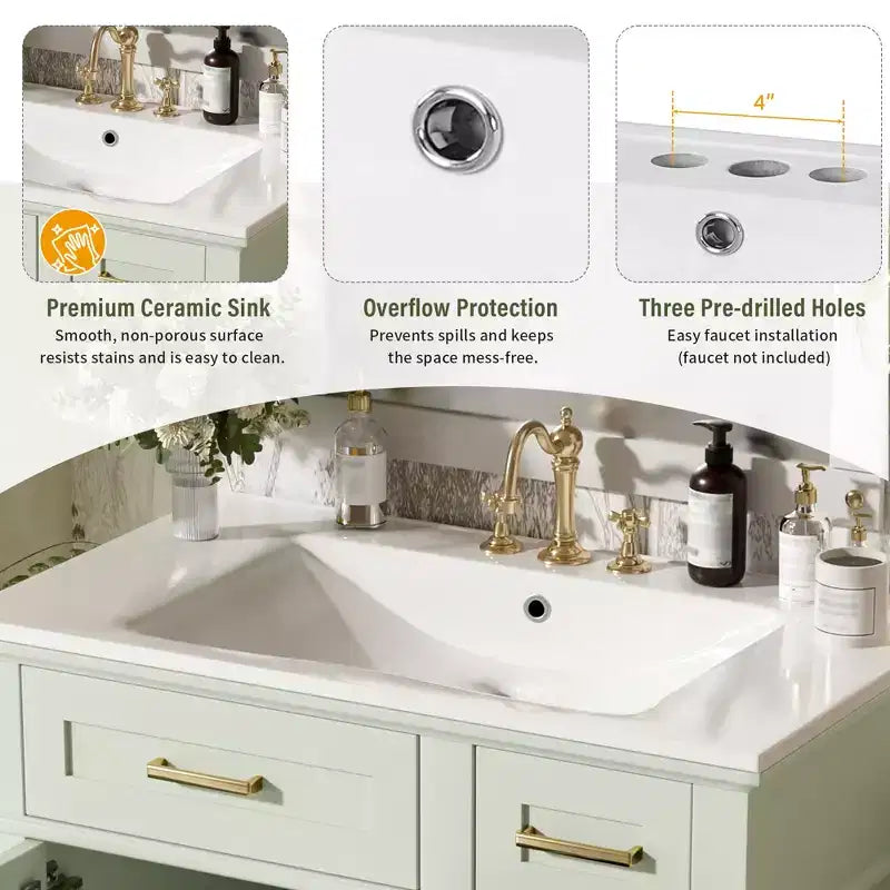 Meuble-lavabo de salle de bain de 76 cm avec évier, meuble de rangement de salle de bain avec portes et tiroirs à fermeture douce pour petit espace