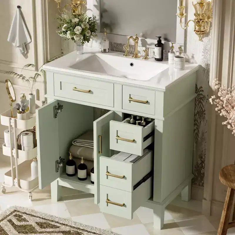Meuble-lavabo de salle de bain de 76 cm avec évier, meuble de rangement de salle de bain avec portes et tiroirs à fermeture douce pour petit espace