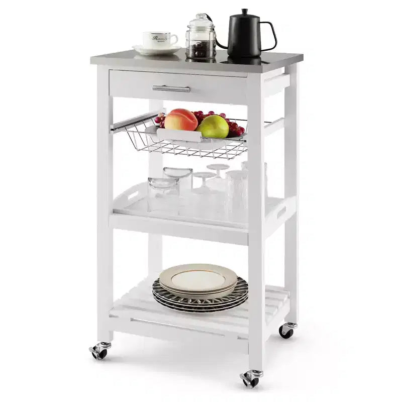Costway Compact Kitchen Island Cart Rolling Service Trolley with Stainless Steel Top Basket